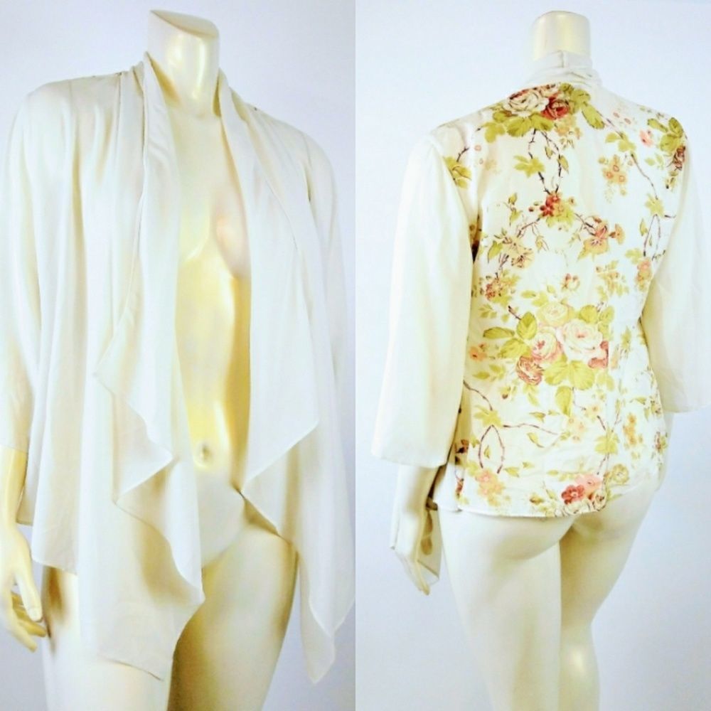 SOFT SORROUNDINGS Cream Floral Back Open Cardigan